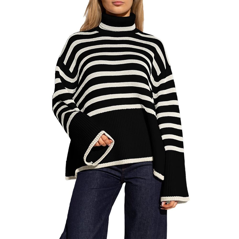 New Womens Size Small Oversized, Turtleneck, Striped Sweater with side split